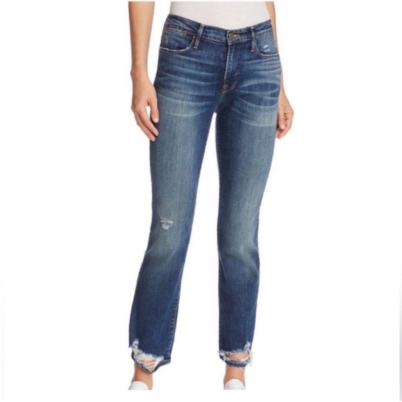 Frame Distressed Denim Blue Straight Leg Jeans Size 32